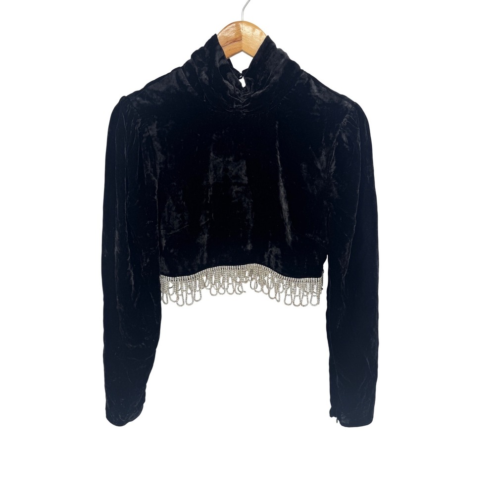 Camila Coelho Velvet Crop Top Women S Black Rhinestone Fringe Glam Revolve